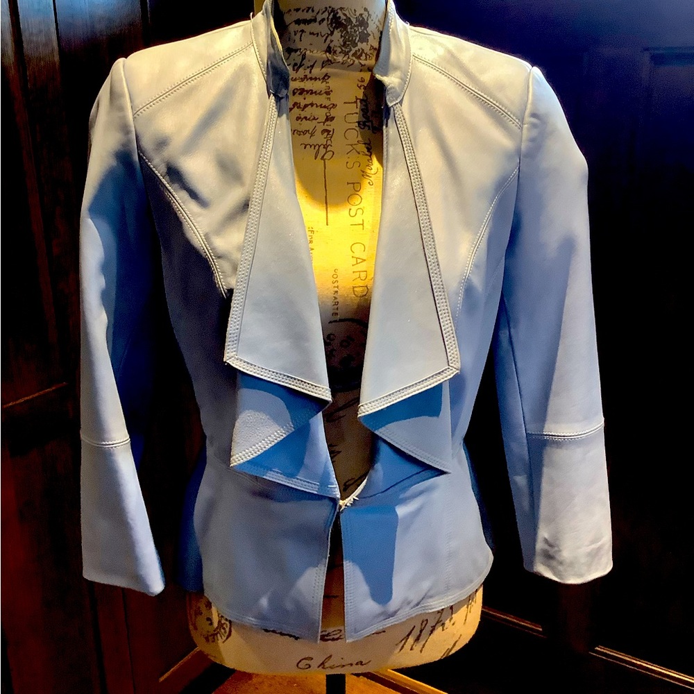 Double lapel White House Black Market crop pale blue leather blazer